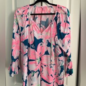 Lilly Pulitzer Willa Flounce Sleeve Top in the Tidal Wave Pans Garden print.